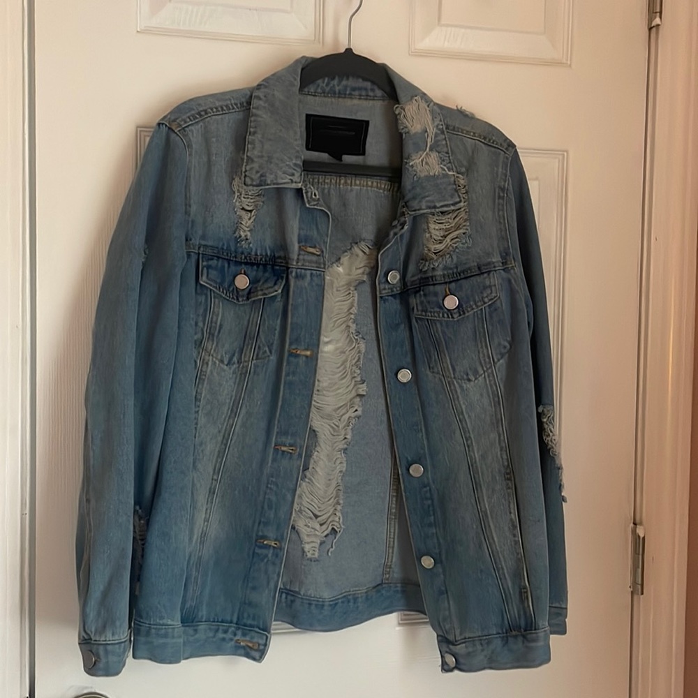 Distressed, women’s jean jacket, size medium